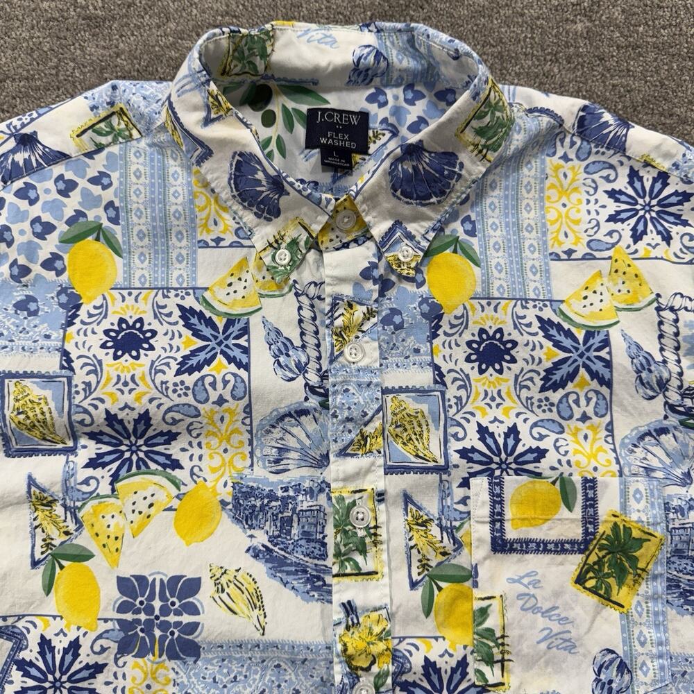 J Crew Mens SZ L Blue‎ Yellow Patchwork Lemons Flex Washed Short Sleeve